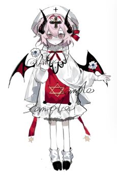 1girl bat_wings black_shoes capelet chinese_commentary closed_mouth commentary_request commission dress expressionless flower full_body hair_intakes hair_ribbon hat hexagram highres long_sleeves medium_hair neck_ribbon original pink_eyes pink_hair red_ribbon red_wings ribbon sample_watermark shoes skirt socks solo star_of_david vihua6 watermark white_capelet white_dress white_flower white_hat white_skirt white_socks wings