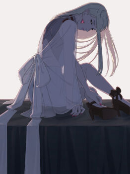 1girl back_bow black_shoes blonde_hair bow closed_mouth earrings from_behind full_body gigi_andalusia gundam gundam:_hathaway's_flash high_heels highres jewelry long_hair looking_at_viewer looking_back marulka nail_polish on_table pink_nails see-through_clothes see-through_shirt shirt shoes sitting sitting_on_table skirt solo table triangle_earrings white_skirt