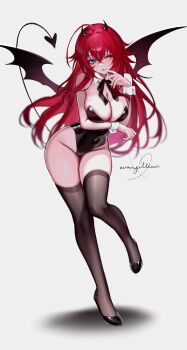 1girl ahoge black_leotard black_shoes black_tail black_thighhighs breast_rest breasts cleavage commission covered_navel crossed_bangs demon_girl demon_horns demon_tail demon_wings detached_collar evangellium full_body green_eyes groin hair_between_eyes high_heels high_school_dxd highleg highleg_leotard highres horns leaning_forward leotard long_hair looking_at_viewer one_eye_closed red_hair rias_gremory shoes signature smile solo standing standing_on_one_leg tail thighhighs wings wrist_cuffs