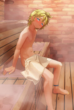 1boy absurdres blonde_hair blue_eyes blush brick_wall closed_mouth highres kagamine_len kubari looking_at_viewer male_focus naked_towel navel nipples sauna shota sitting solo steam sweat towel vocaloid wooden_floor