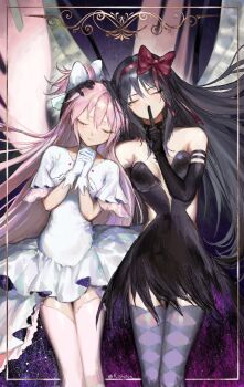 1girl absurdres akemi_homura akuma_homura bare_shoulders black_dress bow breasts dress finger_to_mouth grey_thighhighs hair_bow hair_ribbon hairband hand_on_another's_head highres kaname_madoka mahou_shoujo_madoka_magica mahou_shoujo_madoka_magica:_hangyaku_no_monogatari own_hands_together pink_thighhighs r314dor red_bow red_ribbon ribbon shushing small_breasts smile solo thighhighs two_side_up ultimate_madoka white_bow white_dress wings