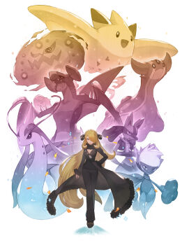 1girl absurdres black_coat black_pants black_shirt blonde_hair breasts cleavage coat commentary_request cynthia_(pokemon) eyelashes fur-trimmed_coat fur_trim garchomp gastrodon gastrodon_(west) gen_3_pokemon gen_4_pokemon hair_ornament hair_over_one_eye hand_on_own_hip highres long_hair long_sleeves looking_at_viewer lucario milotic nintendo odd_(hin_yari) pants pokemon pokemon_(creature) pokemon_dppt roserade shirt slug smile spiritomb togekiss
