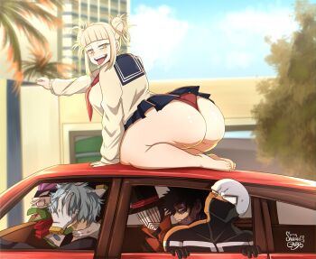 1girl 5boys artist_name ass ass_shake black_hair blonde_hair blue_hair blunt_bangs blush bodysuit boku_no_hero_academia breasts bubaigawara_jin building car cardigan dabi_(boku_no_hero_academia) double_bun driving fangs feet grand_theft_auto grand_theft_auto_vi hair_bun hat highres huge_ass kneeling large_breasts long_sleeves looking_at_viewer mask meme messy_hair motion_lines motor_vehicle mr._compress multiple_boys open_mouth palm_tree panties patchwork_skin pink_hair red_panties sakkaku_gavrii scarf school_uniform serafuku shigaraki_tomura short_hair sidelocks skirt sky smile spiked_hair spinner_(boku_no_hero_academia) stitched_face stitches sweater thick_thighs thighs toga_himiko tongue tongue_out top_hat tree twerking underwear yellow_eyes