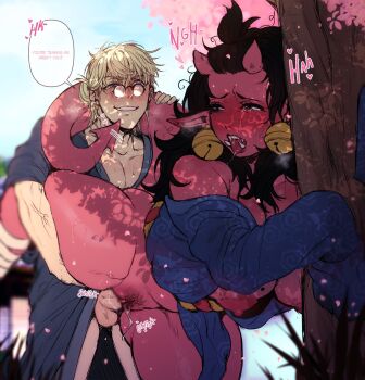 1boy 1girl against_tree bell bell_earrings black_hair blonde_hair blue_eyes blue_kimono blush bottomless breasts cherry_blossoms cherry_tree clitoral_hood colored_nipples colored_skin commentary demon_girl demon_tail doggystyle earrings english_commentary english_text female_pubic_hair glasses grin hanging_breasts happy_sex height_difference hetero highres horns japanese_clothes jewelry jingle_bell kimono large_breasts leg_lift long_hair long_sleeves mole mole_on_breast mole_under_mouth multiple_moles no_bra no_panties nose_blush off_shoulder oni original over-rim_eyewear penis pince-nez plump pointy_ears prehensile_tail pubic_hair puffy_nipples pussy pussy_juice red_nipples red_oni red_skin red_tail rins_titties rope_belt semi-rimless_eyewear sex sex_from_behind skin-covered_horns sleeves_past_wrists smile speech_bubble sweat tail tail_around_neck tall_female tearing_up testicles thick_thighs thighs tongue tongue_out tree tusks uncensored vaginal veins veiny_arms