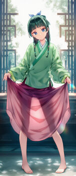 1girl aoqun beads blue_bow blue_eyes blue_ribbon blunt_bangs bow breasts chinese_clothes closed_mouth clothes_lift dot_nose feet female_focus freckles full_body green_hair green_hanfu hair_beads hair_bow hair_ornament hair_ribbon hanfu highres imminent_penetration imminent_rape imminent_vaginal kusuriya_no_hitorigoto long_hair long_image long_skirt long_sleeves looking_at_viewer maomao_(kusuriya_no_hitorigoto) multi-tied_hair no_bra pestle raaivault red_skirt ribbon see-through_clothes see-through_shirt see-through_skirt sexually_suggestive shirt skirt skirt_lift small_breasts solo solo_focus toes