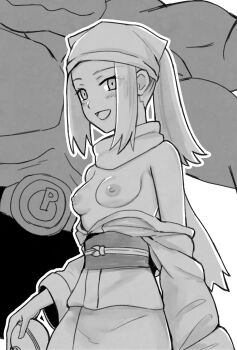 1girl akari_(pokemon) ayu_(ddestiny944) bandana belt blush breasts coat cropped_legs gen_1_pokemon greyscale highres hisuian_poke_ball holding holding_poke_ball long_hair long_sleeves looking_at_viewer machamp medium_breasts monochrome nintendo off_shoulder open_mouth poke_ball pokemon pokemon_(creature) pokemon_legends:_arceus ponytail sash scarf sidelocks simple_background smile standing