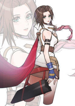 1girl absurdres aerith_gainsborough alternate_costume alternate_hairstyle bare_shoulders blue_gloves braid brown_hair brown_skirt commentary cosplay english_commentary final_fantasy final_fantasy_vii final_fantasy_xiii fingerless_gloves gloves green_eyes highres lightning_farron lightning_farron_(cosplay) long_hair lukrevadraws multicolored_hair multiple_girls pink_hair skirt sleeveless solo two-tone_hair white_background