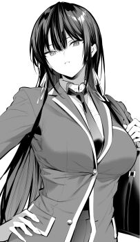 1girl breasts greyscale haite_kudasai_takamine-san highres hiiragi_yuuichi large_breasts long_hair monochrome school_uniform shirt skirt solo takamine_takane