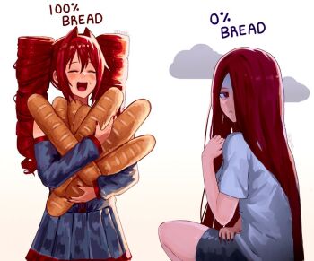 1girl :< alternate_hairstyle baguette bread closed_eyes commentary detached_sleeves drill_hair dual_persona english_commentary english_text food hair_down hair_intakes holding holding_food idkano kasane_teto kasane_teto_(utau) long_hair long_sleeves looking_back open_mouth pleated_skirt red_eyes red_hair shaded_face shirt short_sleeves shorts skirt smile sweat t-shirt twin_drills utau very_long_hair