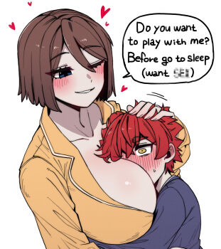 1boy 1girl 7a_(se7ena) age_difference assertive_female between_breasts blue_eyes blue_shirt blush breasts brown_hair censored censored_text collarbone commentary_request crossed_bangs cuddling cuddly curvy double-parted_bangs english_text face_to_breasts hair_between_eyes hand_on_another's_head happy head_between_breasts heart hetero highres hug huge_breasts incest large_breasts long_sleeves looking_at_another loving_aura bad_tag mature_female mother_and_son onee-shota original red_hair shirt short_hair shota simple_background size_difference small_sweatdrop smile snuggling speech_bubble stroking_hair talking tall_female taller_female weight_difference white_background yellow_eyes yellow_shirt