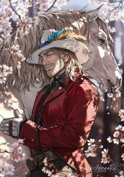 Rule 34 | 1boy, absurdres, animal, animal hug, aquiline nose, arthur morgan, brown hair, chromatic aberration, commentary, facial hair, gloves, grey eyes, hat, hat feather, highres, horse, jacket, long sleeves, male focus, mature male, nose, nyeigneous, outdoors, parted lips, red dead redemption (series), red dead redemption 2, red jacket, solo, upper body, white gloves, white hat