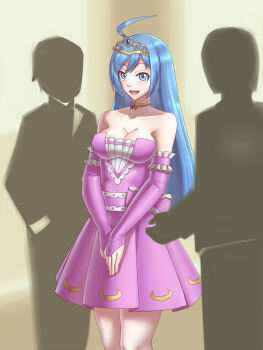 Rule 34 | 1girl, 2boys, absurdres, ahoge, before and after, blue eyes, blue hair, breasts, choker, cleavage, collarbone, dress, elbow gloves, gloves, highres, leebigtree, looking at viewer, multiple boys, original, own hands together, pink dress, princess, smile, tiara