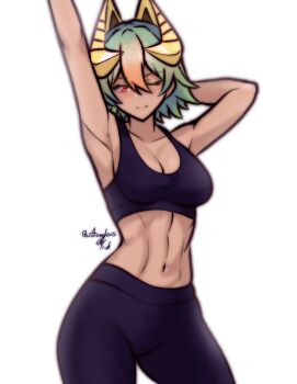 1girl ;) alternate_costume arm_up armpits arms_up bare_arms bare_shoulders black_bra black_pants bra breasts cleavage collarbone commission fire_emblem fire_emblem_heroes gluteal_fold green_hair ko-fi_commission laegjarn_(fire_emblem) medium_breasts navel nintendo one_eye_closed pants red_eyes rotomdocs smile solo sports_bra sportswear stomach underwear white_background yoga_pants