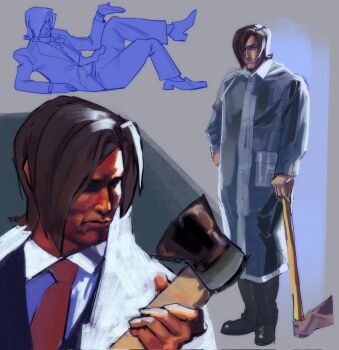 1boy axe commentary cosplay english_commentary formal_clothes hair_between_eyes highres holding holding_axe leon_s._kennedy male_focus n3loangelo patrick_bateman patrick_bateman_(cosplay) resident_evil resident_evil_requiem sketch solo suit