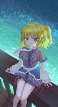 1girl absurdres blonde_hair breasts bridge brown_shirt chinese_commentary commentary_request green_eyes half_updo highres long_sleeves looking_at_viewer mixed-language_commentary mizuhashi_parsee on_railing pointy_ears railing scarf shirt sitting socks solo toorooo touhou water white_scarf white_socks