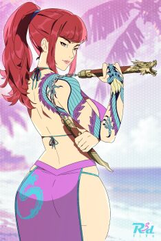 1girl 2024 ass ass_focus beach bikini blurry blurry_background bra dragon_tattoo from_behind highres killer_instinct killer_instinct_(2013) killer_instinct_(series) kim_wu nunchaku palm_tree panties ponytail r3dfive swimsuit tattoo tree underwear weapon