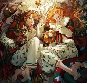 1boy 1girl barefoot bed_sheet bell candle christmas_nightmare_(e.g.o) christmas_ornaments_in_hair e.g.o_(project_moon) gradient_hair green_hair gregor_(project_moon) hat highres ishmael_(project_moon) limbus_company long_hair looking_at_viewer mob_cap multicolored_hair neck_ribbon open_mouth orange_hair oxy_(ho2) pants pilllow plaid_clothes plaid_shawl project_moon red_slippers ribbon shawl slippers smile stuffed_animal stuffed_cockroach stuffed_sheep stuffed_toy very_long_hair white_hat white_pants