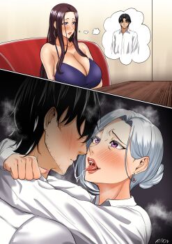 1boy 2girls 2koma absurdres after_kiss arms_around_neck black_hair blush breasts brown_hair cleavage comic dress earrings faceless faceless_male grey_hair hetero highres huge_breasts husband_and_wife imagining jewelry large_breasts lipstick_mark long_hair looking_at_another mature_female multiple_girls n0n_001 open_mouth original purple_dress purple_eyes red_lips saliva saliva_trail shirt silent_comic speech_bubble table thought_bubble tongue tongue_out white_shirt