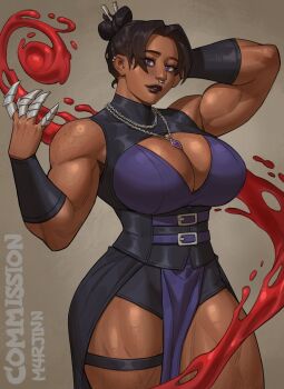 1girl amara_(borderlands) arm_behind_head arm_up artist_name bare_shoulders black_hair black_lips black_shorts black_vest body_freckles borderlands_(series) borderlands_3 bracer breast_freckles breasts brown_background chain chain_necklace check_copyright cleavage commentary commission copyright_request cowboy_shot dark-skinned_female dark_skin earclip english_commentary eyelashes face_piercing freckles gem hair_bun hair_ornament hair_stick hand_up highres jewelry large_breasts lips liquid looking_at_viewer m4rjinn muscular muscular_female necklace nose nose_piercing parted_lips pelvic_curtain piercing purple_eyes purple_gemstone shorts shoulder_freckles solo thick_thighs thigh_freckles thighs vest