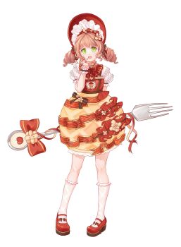 1girl absurdres ankle_socks apple apple_slice argyle_clothes argyle_socks black_bow black_choker black_wrist_cuffs bonnet bow bowtie brown_hair bubble_skirt capelet choker dress dress_bow drill_hair finger_to_mouth food food-themed_clothes food-themed_hair_ornament food_print footwear_bow fork frilled_choker frilled_dress frilled_headwear frilled_shirt frilled_sleeves frilled_socks frilled_wrist_cuffs frills fruit full_body green_eyes hair_bow hair_ornament happy highres holding holding_behind_back holding_fork infinity_nikki knees mary_janes nikki_(series) open_mouth oversized_object pinafore_dress print_dress puffy_short_sleeves puffy_sleeves red_bonnet red_bow red_bowtie red_capelet red_dress red_shoes shirt shoes short_dress short_hair short_sleeves sidelocks simple_background skirt sleeveless sleeveless_dress smile socks solo standing striped_bow striped_clothes striped_dress sweet_memories_(infinity_nikki) tachi-e tareme twin_drills two-tone_dress wavy_hair white_background white_shirt white_socks wrist_cuffs xianmouyu889 yellow_dress