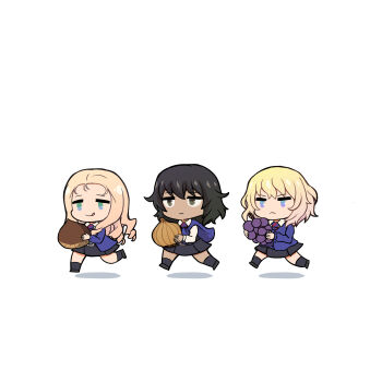 3girls absurdres andou_(girls_und_panzer) bc_freedom_school_uniform black_hair blonde_hair blue_cardigan blue_eyes blue_necktie blue_sweater brown_eyes cardigan chestnut chibi chibi_only dark-skinned_female dark_skin diagonal-striped_clothes diagonal-striped_necktie dress_shirt drill_hair food fruit full_body girls_und_panzer grapes green_eyes highres holding long_hair long_sleeves makyabetsu marie_(girls_und_panzer) medium_hair messy_hair miniskirt multiple_girls necktie onion oshida_(girls_und_panzer) pleated_skirt running school_uniform serious shirt simple_background skirt smile striped_clothes striped_necktie sweater sweater_around_neck tongue tongue_out walking white_background white_shirt