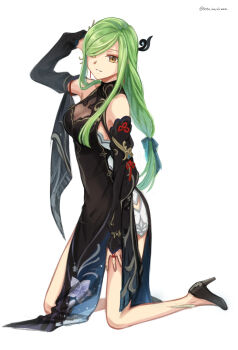 1girl bare_legs bare_shoulders breasts brown_eyes c.c. chinese_clothes chinese_knot cleavage code_geass cosplay genshin_impact green_hair high_heels highres kneeling long_hair medium_breasts setu_kurokawa shenhe_(frostflower_dew)_(genshin_impact) shenhe_(genshin_impact) shenhe_(genshin_impact)_(cosplay) smile solo
