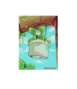 Rule 34 | :o, artist name, black eyes, blover (plants vs. zombies), blue sky, border, chinese commentary, clover, commentary request, day, film grain, from below, halftone, halftone background, hanging plant, highres, hightguy, looking ahead, looking at another, no humans, notice lines, outdoors, outside border, parted lips, peashooter (plants vs. zombies), plant, plant focus, plants vs. zombies, potted plant, simple background, sky, solid oval eyes, solo focus, white border