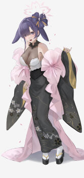 1girl absurdres animal_ears bare_shoulders black_skirt blue_archive blush breasts commentary_request detached_sleeves ears_down hair_bun hair_over_one_eye halo highres large_breasts looking_at_viewer nononae official_alternate_costume official_alternate_hairstyle open_mouth pink_halo platform_sandals purple_eyes purple_hair rabbit_ears sandals see-through_cleavage see-through_clothes shirt skirt solo tabi tsukuyo_(blue_archive) tsukuyo_(dress)_(blue_archive) white_shirt wide_sleeves