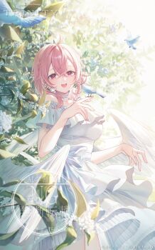 1girl ahoge angel angel_wings animal animal_on_shoulder bird bird_on_shoulder breasts commentary_request dress earrings fang feathered_wings hair_between_eyes hand_up highres jewelry lily_(toosaka_asagi) looking_at_viewer medium_hair open_mouth original outdoors pink_eyes pink_hair second-party_source smile solo standing toosaka_asagi white_wings wings