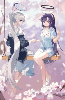2girls absurdly_long_hair absurdres animal_print ankry barefoot black_halo blue_archive blue_eyes blue_pajamas blue_shirt blue_shorts blunt_bangs blurry bow bow_hairband cat_print cherry_blossoms chinese_commentary closed_mouth commentary_request cowlick dappled_sunlight day depth_of_field falling_petals feet footwear_bow frilled_pajamas frills full_body hair_between_eyes hair_down hair_over_shoulder hairband halo hands_up hat hat_bow highres holding_hands knees_together_feet_apart long_hair long_sleeves looking_at_viewer looking_back mechanical_halo multiple_girls nightgown noa_(blue_archive) noa_(pajamas)_(blue_archive) official_alternate_costume official_alternate_hairstyle on_swing outdoors pajamas petals pink_bow ponytail print_pajamas profile purple_eyes purple_hair shirt short_sleeves shorts sidelocks sideways_glance sitting slippers smile soles split_mouth spring_(season) straight_hair sunlight swing toes very_long_hair white_bow white_hair white_hairband white_halo white_nightgown white_pajamas white_slippers yuuka_(blue_archive) yuuka_(pajamas)_(blue_archive)