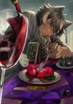 1boy :/ alcohol animal-themed_food animal_ears black_coat black_hair black_shirt broken_heart coat cup drinking_glass dual_persona food fork from_side fur-trimmed_coat fur_trim hair_between_eyes head_on_arm heart heart-shaped_food highres holding holding_fork holostars indoors jackal_boy jackal_ears kageyama_shien kageyama_shien_(1st_costume) koyama_(kageyama_shien) looking_at_food male_focus menu_board mini_person miniboy multicolored_hair nakayama_(kageyama_shien) peila plate pouring red_wine shirt short_hair sleeves_rolled_up solo_focus table tablecloth two-tone_hair under_covers unworn_coat upper_body virtual_youtuber white_hair window wine wine_glass yellow_eyes