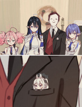 4girls :3 animal_ear_hairband animal_ears aoi_(blue_archive) black_hair black_jacket black_necktie blue_archive blue_hair blue_halo blue_necktie breasts closed_mouth colored_inner_hair commentary_request cropped_jacket doodle_sensei_(blue_archive) fake_animal_ears glasses hair_between_eyes hairband halo highres jacket large_breasts long_hair miyako_(blue_archive) momoka_(blue_archive) multicolored_hair multiple_girls necktie one_side_up open_clothes open_jacket pink_hair pink_halo pointy_ears rabbit_ear_hairband rabbit_ears red_vest rin_(blue_archive) semi-rimless_eyewear sensei_(blue_archive) shirt short_hair short_twintails skirt sleeveless sleeveless_shirt smile takamalu08_12 twintails two-tone_hair vest white_hair white_hairband white_jacket white_shirt white_skirt