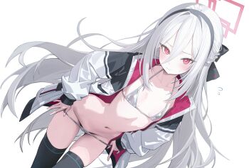 1girl absurdres bikini bikini_bottom_pull black_hairband black_thighhighs blue_archive blush closed_mouth commentary_request double-parted_bangs dutch_angle flat_chest flying_sweatdrops hair_between_eyes hairband halo halterneck highres jacket kei_(blue_archive) kei_(new_body)_(blue_archive) loli long_hair long_hair_between_eyes long_sleeves looking_at_viewer navel open_clothes open_jacket rectangular_halo red_eyes red_halo ringed_eyes simple_background solo stomach swimsuit szkure. thighhighs thighs undressing very_long_hair white_background white_bikini white_hair white_jacket zettai_ryouiki