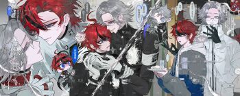 2boys absurdres ahoge alternate_hairstyle anger_vein aotsuki_eito armband artist_request black_jacket black_pants black_streaks blood blood_on_face blue_eyes blue_jacket breast_pocket chibi chibi_inset chinese_commentary chinese_text collar colored_speech_bubble commentary commission cup eyeliner gakuran glasses gloves grey_hair grey_jacket grin hand_on_another's_arm hands_up headgear highres holding holding_leash holding_plate holding_scythe holding_weapon hole_in_chest hole_on_body hood hoodie jacket jacket_over_hoodie large_hands last_defense_academy_school_uniform leash makeup male_focus multicolored_hair multicolored_jacket multiple_boys multiple_persona multiple_views open_clothes open_jacket pants plate pocket red_collar red_eyeliner red_hair ringed_eyes school_uniform scythe second-party_source short_hair smile speech_bubble streaked_hair sumino_takumi sweat the_hundred_line_-last_defense_academy- too_many_watermarks two-tone_hair two-tone_jacket watermark weapon white_armband white_gloves white_hoodie yaoi