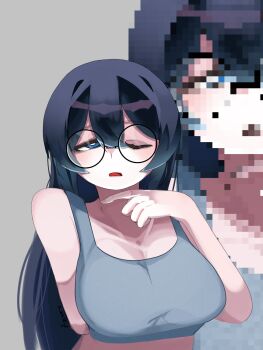 Rule 34 | 1girl, bags under eyes, black hair, blue eyes, breasts, confused, grey shirt, highres, long hair, non-web source, open mouth, original, round eyewear, shirt, simple background, sleepy