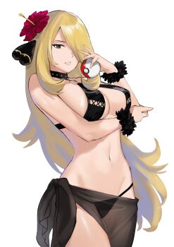 1girl bare_shoulders bikini black_bikini black_eyes black_ribbon blonde_hair breasts cleavage cowboy_shot cynthia_(pokemon) flower hair_flower hair_ornament hair_over_one_eye halterneck hibiscus highres holding holding_poke_ball j@ck large_breasts long_hair navel nintendo parted_lips poke_ball poke_ball_(basic) pokemon pokemon_dppt red_flower ribbon sarong see-through_clothes simple_background smile solo stomach swimsuit very_long_hair white_background