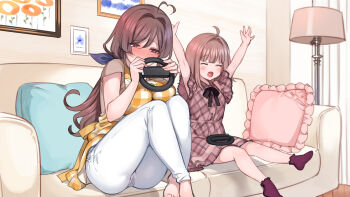 2girls absurdres age_difference ahoge apron arms_up barefoot bekotarou blush breasts brown_eyes brown_hair cameltoe checkered_apron checkered_clothes controller couch drawing_(object) dress embarrassed feet female_focus frilled_pillow frills half-closed_eyes hands_up happy highres holding holding_controller indoors large_breasts leg_lift legs legs_together long_hair looking_away looking_down low_ponytail mankai_kaika masturbation mature_female medium_hair mother_and_daughter multiple_girls nose_blush open_mouth original pillow playing_games ponytail pussy_juice sex_toy sitting smile socks stealth_masturbation thighs vibrator vibrator_under_clothes wet wet_clothes