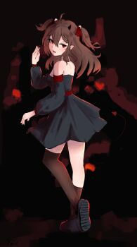 Rule 34 | absurdres, ahoge, alternate costume, asymmetrical legwear, black background, black dress, black shoes, black thighhighs, brown hair, demon horns, demon tail, double-parted bangs, dress, evil neuro-sama, fang, from behind, full body, hair between eyes, hair ribbon, hand up, heart, heel up, highres, horns, long hair, long sleeves, looking back, neuro-sama, off-shoulder dress, off shoulder, puffy long sleeves, puffy sleeves, red background, red eyes, red ribbon, reivooon, ribbon, shoes, short dress, shoulder blades, skin fang, tail, thighhighs, torn ribbon, two side up, v-shaped eyebrows, vedal ai, virtual youtuber
