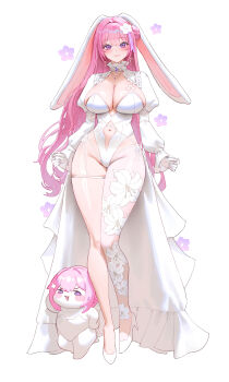 1girl absurdres animal_ears breasts cleavage clothing_cutout commentary_request doro_(nikke) dorothy_(nikke) fake_animal_ears flower goddess_of_victory:_nikke highres large_breasts long_hair looking_at_viewer navel_cutout pink_hair purple_eyes rabbit_ears shiny_skin simple_background skindentation smile solo white_background wonbin_lee