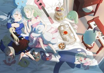 2girls acoustic_guitar aged_down ame_5000 bang_dream! bang_dream!_it&#039;s_mygo!!!!! blue_dress blue_hair cake cake_slice character_doll child commentary_request cup doll dress food from_above green_hair guitar hair_ornament hairclip highres holding_hands instrument long_hair misumi_uika mortis_(bang_dream!) multiple_girls on_bed open_mouth piano pink_dress sandwich saucer smile socks strawberry_shortcake stuffed_animal stuffed_octopus stuffed_shark stuffed_sheep stuffed_toy teacup teapot teddy_bear tiered_tray togawa_sakiko&#039;s_doll tray two_side_up wakaba_mutsumi wakaba_mutsumi_(doll) white_socks yahata_umiri yellow_eyes yuri yuutenji_nyamu