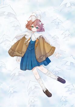 1girl ahoge bird_hair_ornament blue_eyes blue_skirt blue_vest bow brown_cloak brown_hair brown_shoes cape cloak flutterpage full_body grin hair_bow hair_ornament highres kneehighs loafers looking_at_viewer origami paper_crane reverse:1999 senkichi_(sen_kchi) shoes short_hair simple_bird skirt smile socks solo vest white_background white_bow white_cape white_socks