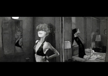 2girls alisa_(girls_und_panzer) arched_back arms_behind_back barefoot bathroom bed bikini blush breasts cable clock closed_eyes commentary_request feet_against_wall freckles girls_und_panzer greyscale grin highres holding holding_cable hotel_room indoors lamp legs_up lying medium_breasts mirror monochrome multiple_girls naomi_(girls_und_panzer) on_back on_bed pants parody payama photo-referenced pulling reflection short_hair short_twintails small_breasts smile swimsuit topless_female twintails very_short_hair watch wild_at_heart wristwatch