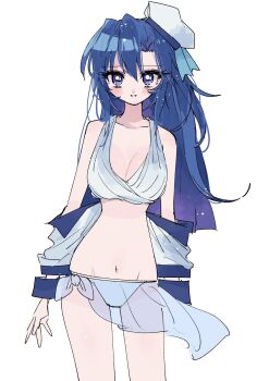 1girl bikini blue_eyes blue_hair breasts cleavage collarbone commentary eyelashes hat highres kazanari_tsubasa long_hair navel off_shoulder pochi_(askas_is_god) sarong see-through_clothes see-through_sarong senki_zesshou_symphogear solo standing swimsuit white_bikini white_hat white_sarong