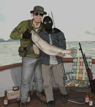 2boys alcohol animal assault_rifle balaclava bell_(call_of_duty) black_gloves black_mask blue_jacket bucket_hat call_of_duty call_of_duty:_black_ops_cold_war chair cigarette cigarette_pack dress_shoes fingerless_gloves fish fishing fishing_rod glass_bottle gloves green_gloves green_jacket gun hat highres holding holding_animal holding_fish jacket multiple_boys rifle russell_adler sleeves_rolled_up sunglasses waxxed_doghouse weapon