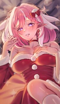 1girl alternate_costume bare_shoulders blush braid braided_bangs breasts choker collarbone commentary_request dress earrings elysia_(hi_love_elf)_(honkai_impact) elysia_(honkai_impact) fingernails fu_oekakiman fur-trimmed_dress fur_trim hair_ornament hand_on_own_chest hands_up heart heart_earrings highres honkai_(series) honkai_impact_3rd jewelry large_breasts long_fingernails looking_at_viewer multicolored_hair nail_polish parted_lips pink_hair pink_nails pointy_ears red_choker red_dress smile solo strapless strapless_dress streaked_hair