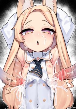 1girl 2boys absurdres animal_ears armpit_crease armpits arms_up bar_censor blonde_hair blue_archive blue_necktie blush breasts breasts_out bukkake buttons censored covered_navel cum cum_on_armpit cum_on_body cum_on_clothes detached_sleeves dress facial flat_chest fox_ears fox_girl gradient_eyes half-closed_eyes highres loli long_hair long_sleeves looking_at_viewer multicolored_eyes multiple_boys necktie nipples open_mouth penis red_eyes sailor_collar seia_(blue_archive) very_long_hair white_dress white_sailor_collar white_sleeves yuzun404