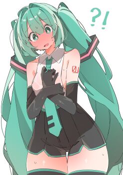 Rule 34 | !?, 1girl, absurdres, adapted costume, aqua eyes, aqua hair, aqua necktie, aqua trim, arm tattoo, bare shoulders, black gloves, black shorts, black thighhighs, blush, breasts, bright pupils, collared shirt, commentary, cowboy shot, elbow gloves, full-face blush, gloves, hair between eyes, hand on own chest, hatsune miku, high-waist shorts, highres, long hair, looking down, medium breasts, necktie, no nose, number tattoo, one-hour drawing challenge, open mouth, red tattoo, see-through clothes, see-through shirt, shirt, shirt tucked in, short shorts, shorts, shoulder blush, simple background, sleeveless, sleeveless shirt, solo, sweat, tattoo, thick thighs, thigh blush, thighhighs, thighs, tie clip, twintails, uruti 2388, very long hair, vocaloid, wet, white background, white pupils, white shirt