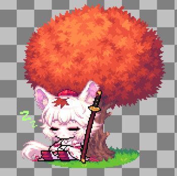 1girl against_tree animal_ear_fluff animal_ears checkered_background chibi closed_eyes commentary_request detached_sleeves fake_transparency geta grass grey_background hat iloccorb9 inubashiri_momiji korean_commentary leaf leaf_on_head long_sleeves maple_leaf maple_tree pixel_art planted planted_sword planted_weapon pom_pom_(clothes) red_hat red_ribbon red_shoes ribbon ribbon-trimmed_sleeves ribbon_trim shirt shoes short_hair sitting sleeping solo sword tail tengu-geta tokin_hat touhou tree weapon white_hair white_shirt wide_sleeves wolf_ears wolf_girl wolf_tail zzz