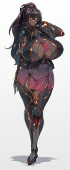 1girl absurdres android android_(konoshige) arm_at_side barcode barcode_tattoo belt black_hair breasts cleavage cleavage_cutout clothing_cutout dark-skinned_female dark_android_(konoshige) dark_skin facial_mark full_body gluteal_fold hair_between_eyes highres honeycomb_(pattern) huge_breasts konoshige_(ryuun) long_hair long_sleeves miniskirt necktie original ponytail purple_eyes revealing_clothes shadow skirt solo standing tattoo thighhighs very_dark_skin very_long_hair