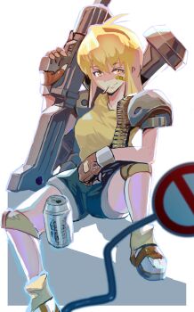 1girl bandaid bandaid_on_cheek bandaid_on_face battle_mania blonde_hair blue_eyes blue_shorts breasts closed_mouth denim denim_shorts fingerless_gloves foot_out_of_frame gloves grin gun hairband highres holding holding_gun holding_weapon long_hair looking_at_viewer ootorii_mania phlogiston_drow short_shorts shorts smile solo weapon